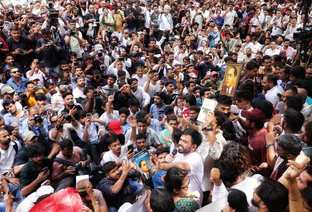 The Cockroach Janta Party protest at Jantar mantar and Founder Abhijeet Dipke addressing the crowd.